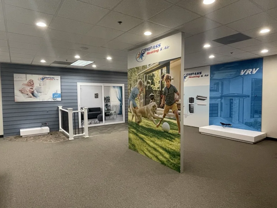 Finished exhibit with house-inspired architecture and large-format lifestyle graphics