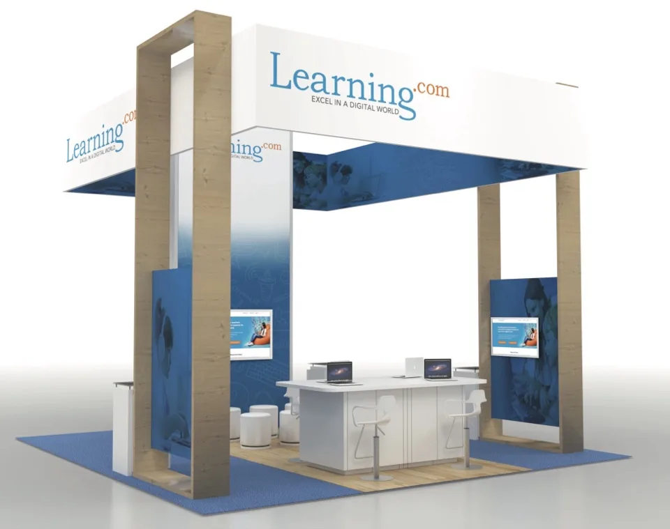 Learning.com exhibit rendering with overhead signage and digital displays