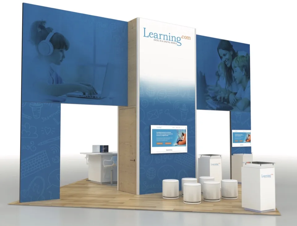 Learning.com exhibit rendering with blue tower and seating