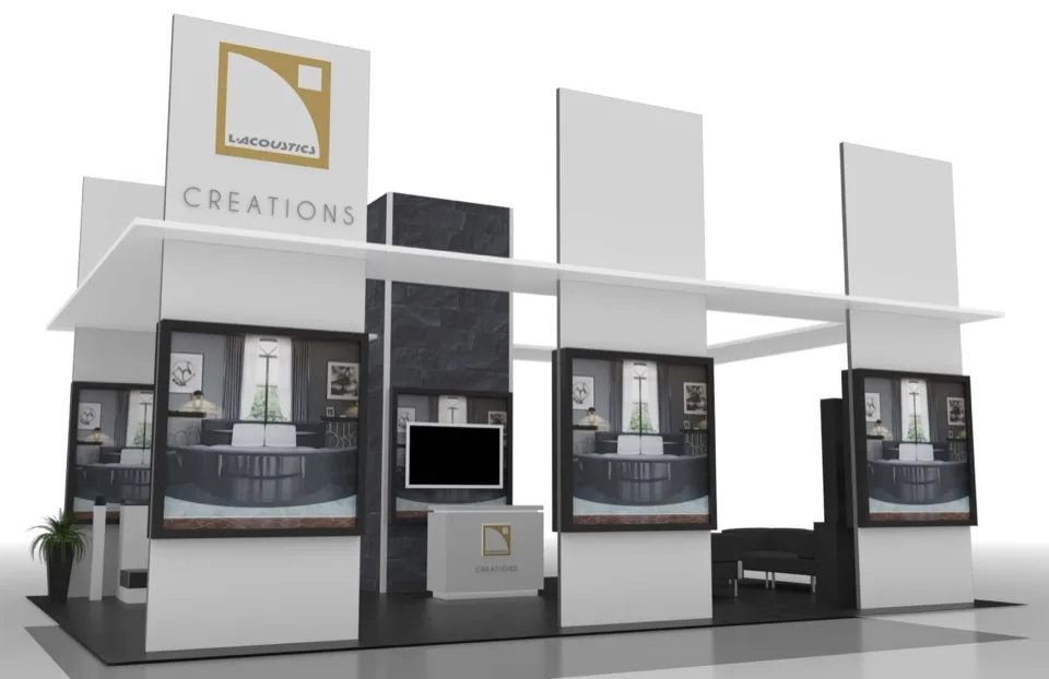 L-Acoustics exhibit rendering with suspended frame and display plinths