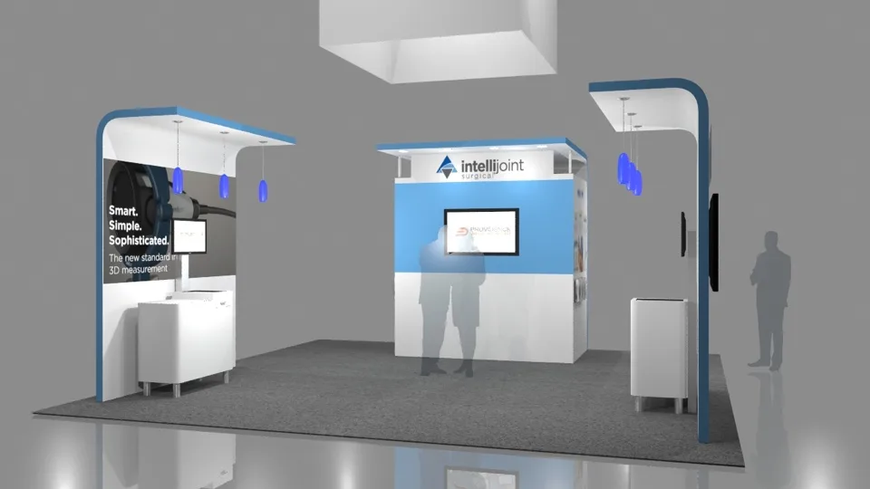 Intellijoint exhibit rendering with curved white walls and a digital display