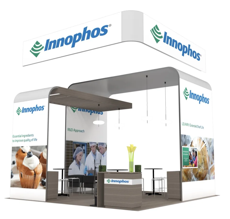 Innophos exhibit rendering with a white canopy and product graphics